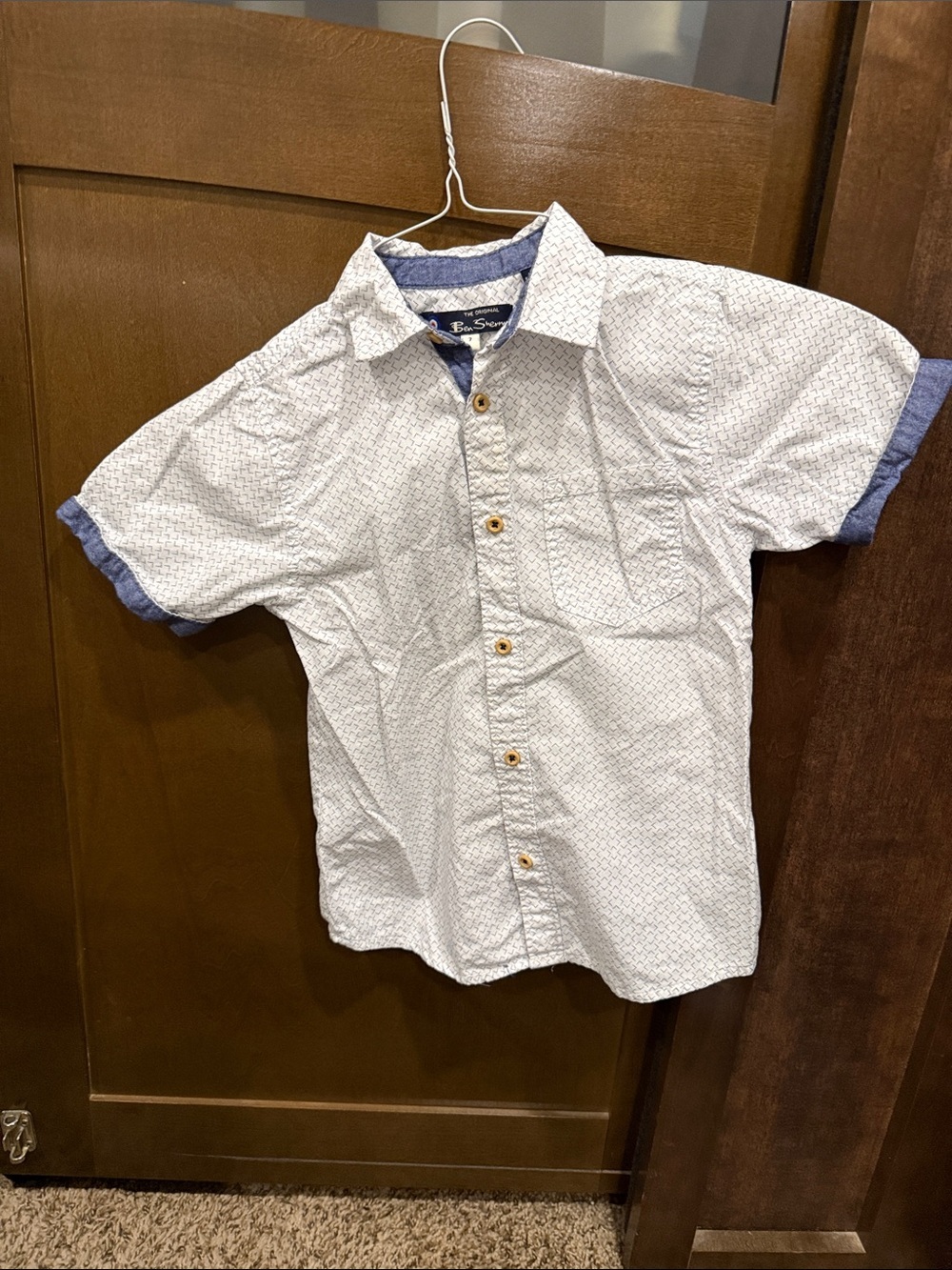 Ben Sherman Boys Button Down Shirt Size 7 Short Sleeve White Blue Print